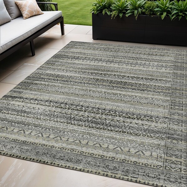 Homeroots 5' X 8' Pewter And Charcoal Striped Washable Indoor Outdoor Area Rug 631504 - main