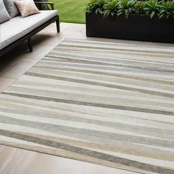 Homeroots 5' X 8' Ivory And Gray Striped Washable Indoor Outdoor Area Rug 597332 - main