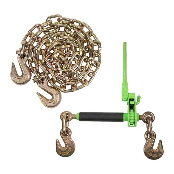 Mytee Products 3/8 in - 1/2 in Hi-Viz Green Quick Ratchet Chain Binder with 3/8 in X 20 ft G70 Chain CBRSFH38x1-CH3820x1-KIT - main