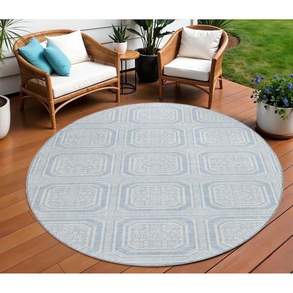Homeroots 8' Sky Blue And Ivory Round Geometric Washable Indoor Outdoor Area Rug 610855 - main