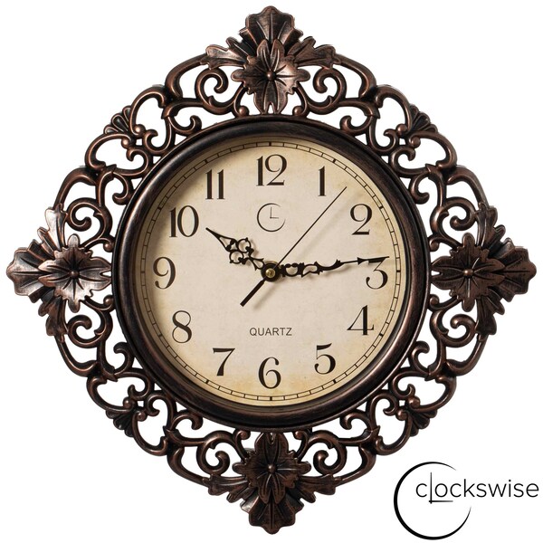 Clockswise 11in Classic Hanging Wall Clock with Ornate Floral Scroll Frame in Vintage Distressed Finish, Brown QI004932 - main