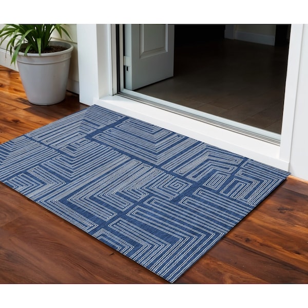 Homeroots 3' X 5' Navy Blue And Ivory Geometric Washable Indoor Outdoor Area Rug 600840 - main