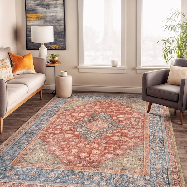 World Rug Gallery Red Vintage Medallion Rug - Washable, Low Pile, Great for Bedrooms or Living Rooms 5 ft x 7 ft WR171RED5X7 - main