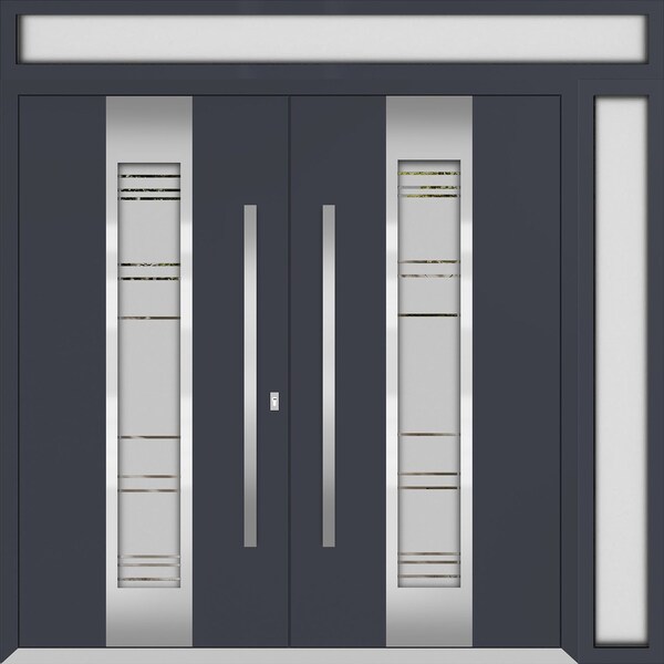 Vdomdoors Metal Double Doors Deux 0757 Gray Graphite Frosted Glass 1 Sidelight and Top Transom Entry Modern P DEUX0757DEXD-GRE-W72+16xH96+14-RH-O - main