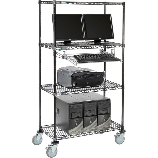 Global Industrial Nexel 4-Shelf Mobile Wire Computer LAN Workstation w/ Keyboard Tray, 36"W x 18"D x 69"H, Black 250113BK - main