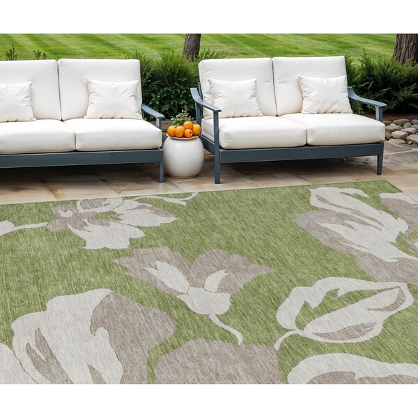 Homeroots 9' X 12' Olive Green Taupe And Beige Floral Washable Indoor Outdoor Area Rug 589564 - main