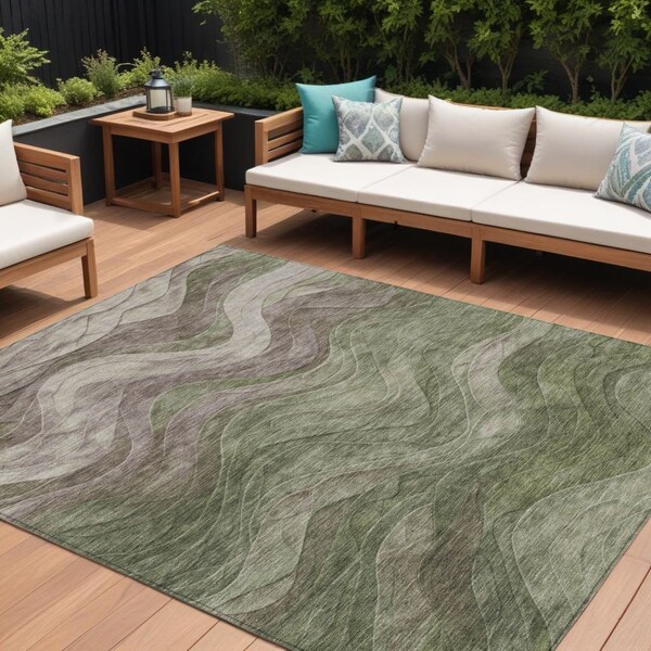 Homeroots 10' X 14' Green And Taupe Abstract Washable Indoor Outdoor Area Rug 618171 - main