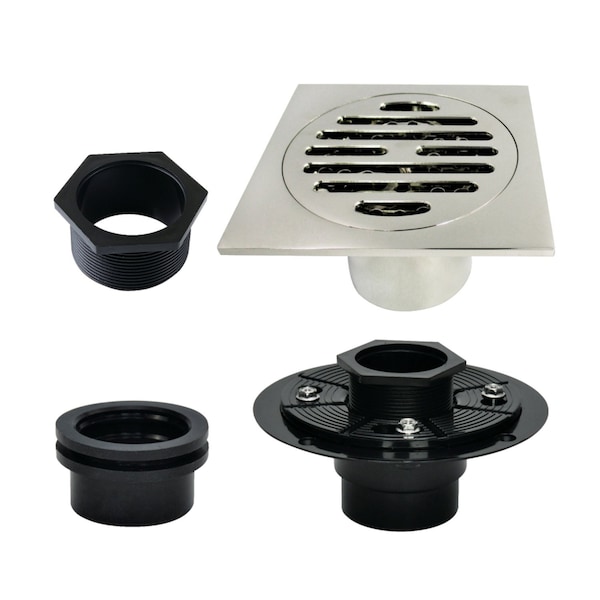 Kingston Brass 4" Brass Square Grid Shower Drain with Hair Strainer and Base Flange, Polished Nickel BSFK4262PN - main