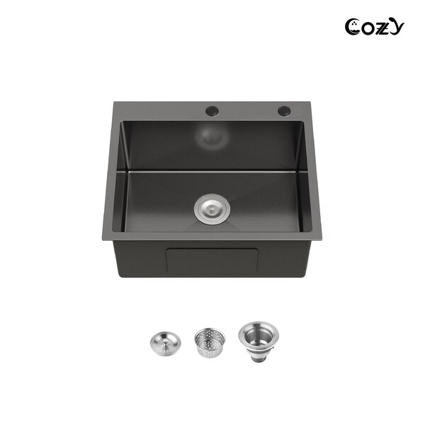 Wrightmaster 23 in. Drop-In Single Bowl 20 Gauge Black Stainless Steel Kitchen Sink with Drain and Hook ZOR-BL02D-231908 - main