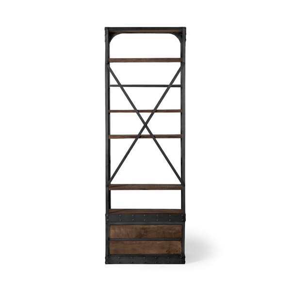 Homeroots Black Iron and Solid Wood Five Tier Bookcase with Two Drawers 392225 - main