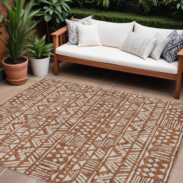 Homeroots 9' X 12' Terra Cotta And Beige Southwestern Washable Indoor Outdoor Area Rug 594200 - main