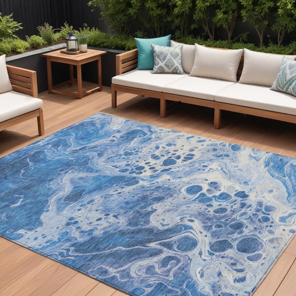 Homeroots 8' X 10' Navy Blue And Ivory Abstract Washable Indoor Outdoor Area Rug 618307 - main