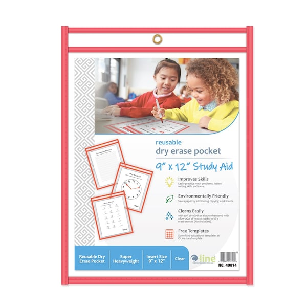C-Line Products 9"x 12" Neon Red Vinyl Reusable Dry Erase Pocket, 30EA/BX, 5BX/CT 40814-BX - main