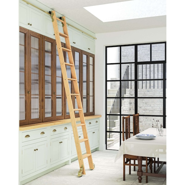 Quiet Glide 9.92 ft. Red Oak Sunburst Wheel Brushed Satin Brass Rolling Hook Removable Ladder, 12 ft. Rail QG.510-10RO-12-H.06B - main