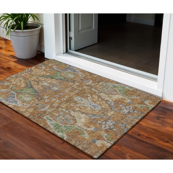 Homeroots 3' X 5' Copper Green And Beige Floral Washable Indoor Outdoor Area Rug 605277 - main