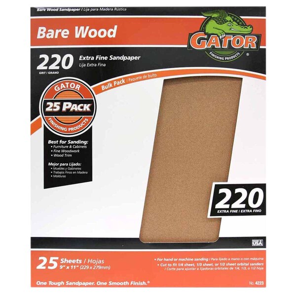 Gator Finishing 9 x 11 in. Bare Wood Sandpaper, 220 Grit, Extra Fine, 25PK 4223 - main