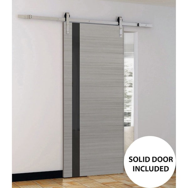 Sartodoors Sturdy Barn Door, Planum 0040 Grey Oak with Black Glass, Silver 6.6FT Rail Hangers Heavy Hardware S PLANUM0040BD-S-SS-18 - main