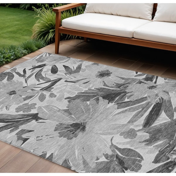 Homeroots 10' X 14' Gray And Charcoal Floral Washable Indoor Outdoor Area Rug 610985 - main