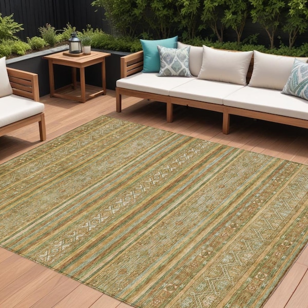 Homeroots 8' X 10' Artichoke Green Gold And Beige Southwestern Washable Indoor Outdoor Area Rug 615947 - main