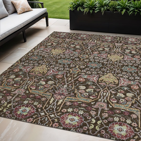 Homeroots 5' X 8' Chocolate Red And Gold Floral Washable Indoor Outdoor Area Rug 604642 - main