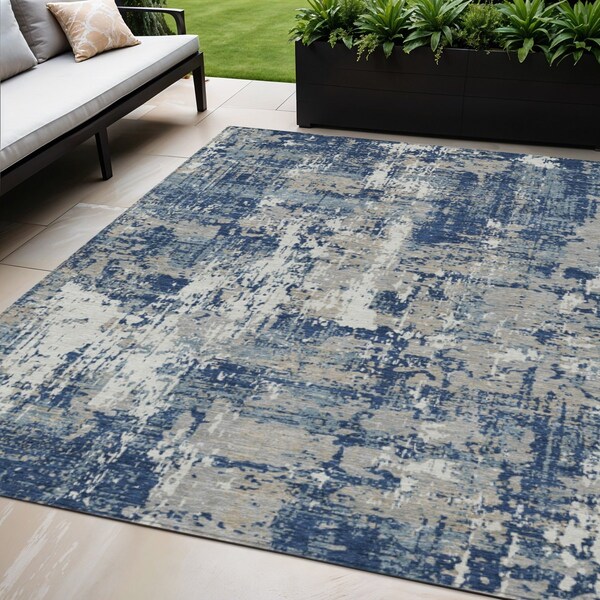 Homeroots 5' X 8' Navy Blue Gray And Ivory Abstract Washable Indoor Outdoor Area Rug 597987 - main