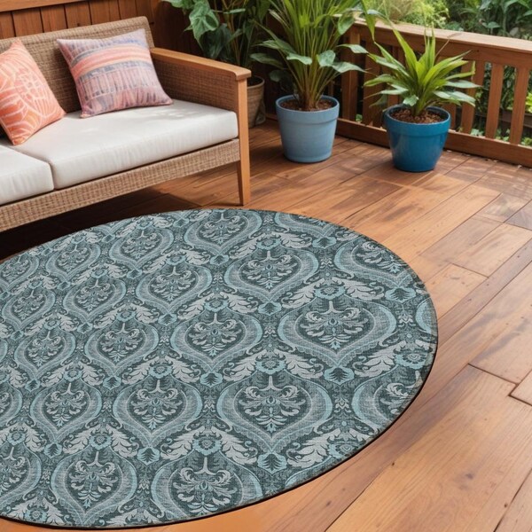 Homeroots 8' Round Teal Round Damask Washable Non Skid Indoor Outdoor Area Rug 563903 - main