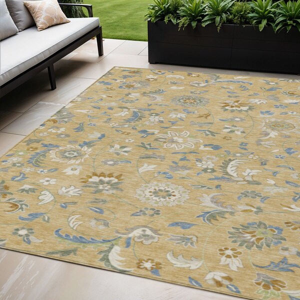 Homeroots 5' X 8' Wheat Blue And Ivory Floral Washable Indoor Outdoor Area Rug 597855 - main
