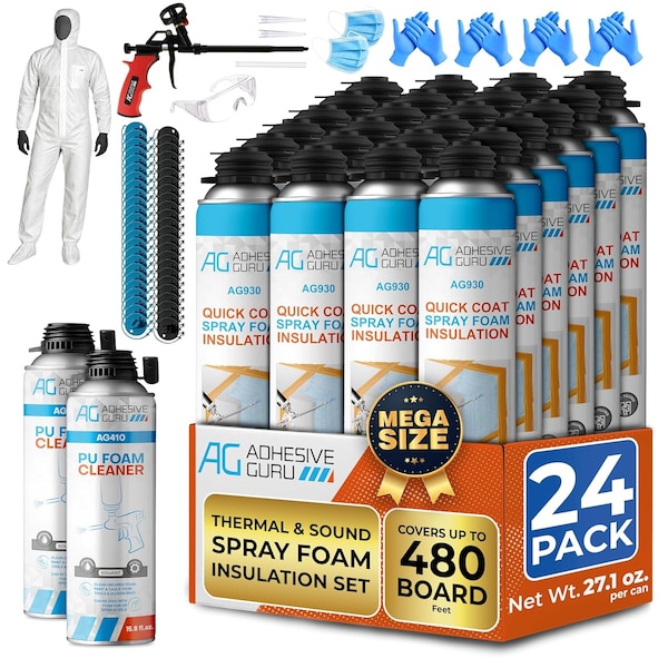 Adhesive Guru AG930S Insulation Foam Set, 24 Pack Spray Foam 32.8 oz. & 1 Foam Dispensing Gun & 1 Foam Cleaner adgr_V2_ InsFoam_Set_24pk