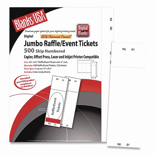 Blanks/Usa Jumbo Micro-Perforated Event/Raffle Ticket, 90 lb Index Weight, 8.5 x 11, White, PK1000, 1000PK TJP10X9WH - main