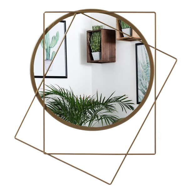 Uniquewise Decorative Circle with 2 Squares Shaped Gold Metal Frame Wall Mounted Modern Mirror QI004580 - main
