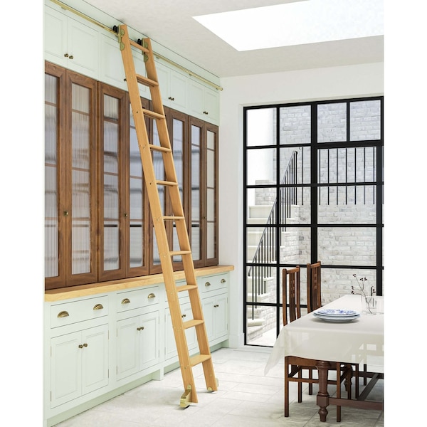 Quiet Glide 9.92 ft. Cherry Contemporary Wheel Brushed Satin Brass Rolling Hook Removable Ladder, 12 ft. Rail QG.540-10CH-12-H.06B - main