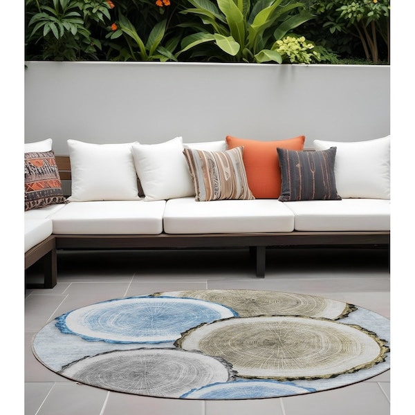 Homeroots 8' Round Blue Gold and Gray Round Faux Bois Washable Non Skid Indoor Outdoor Area Rug 564406 - main