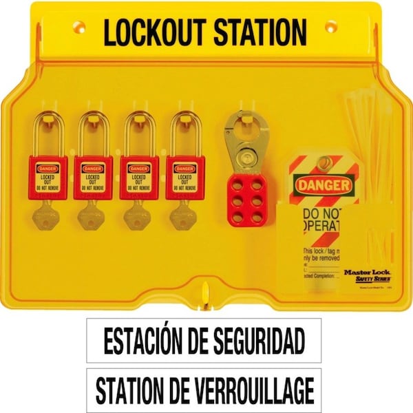 Master Lock Lockout Station, 18 Components: Hasps (2), Padlocks (4), Tags (12), Keyed Different, Yellow 1482BP410 - main
