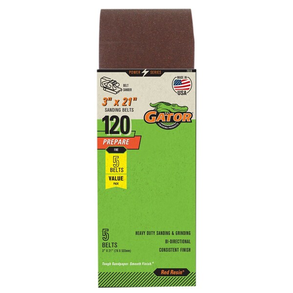 Gator Finishing Red Resin 3 x 21 in. Sanding Belt, 120 Grit, Fine, 5PK 7010GA - main