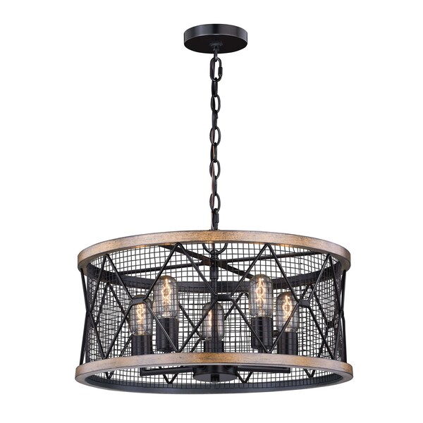 Vaxcel Bremerton 5 Light Black and Wood Cage Drum Chandelier H0207 - main