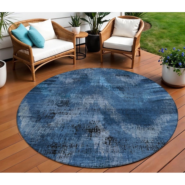 Homeroots 8' Navy Blue And Sky Blue Round Abstract Washable Indoor Outdoor Area Rug 587124 - main