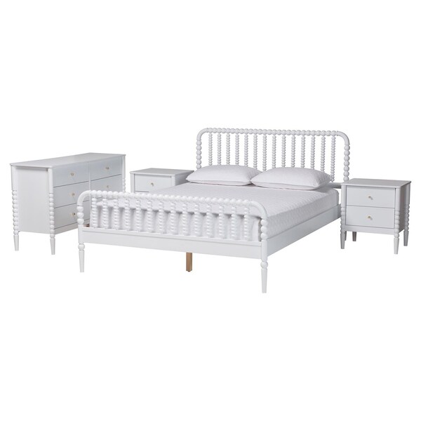 Baxton Studio Lucera Mid-Century White Queen Size 4-Piece Bobbin Bedroom Set 257-14016-14127-14121-14121-ZORO - main