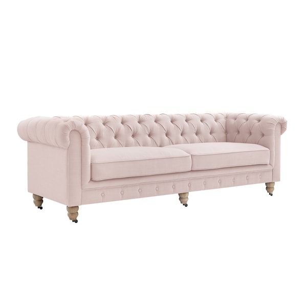 Homeroots 92" Pink Linen Chesterfield Wood Sofa 543992 - main