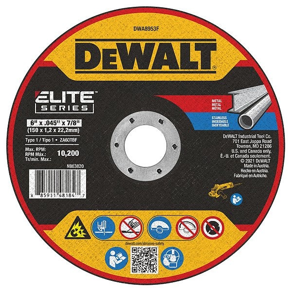 Dewalt Abrasive Cut-Off Wheel, Type 1, 6 in Dia, 0.045 in Thick, 7/8 in Arbor Hole Size, Ceramic, 46 Grit DWA8953F - main