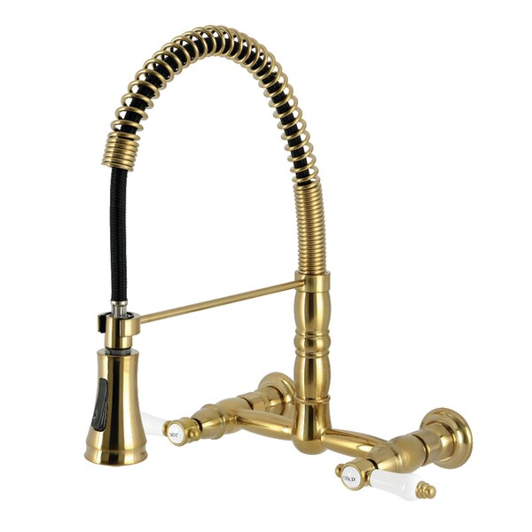 Kingston Brass Double-Handle Wall-Mount Pre-Rinse Bridge Kitchen Faucet, Brushed Brass GS1247BPL - main