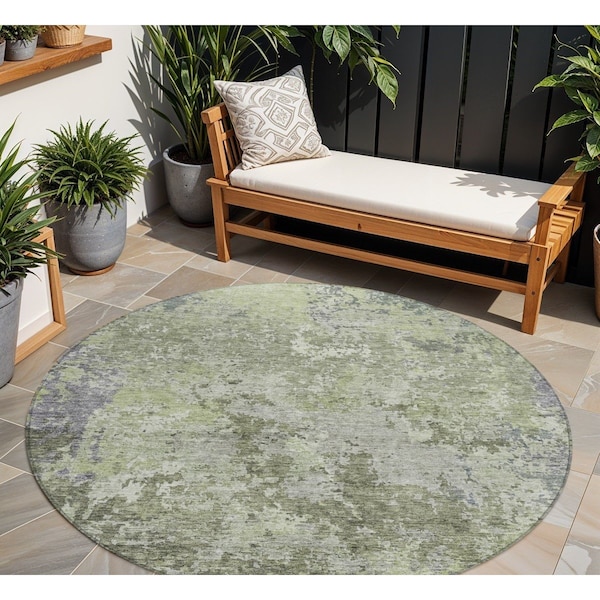 Homeroots 8' Green And Gray Round Abstract Washable Indoor Outdoor Area Rug 605550 - main