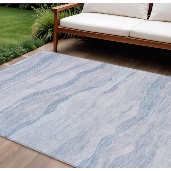 Homeroots 10' X 14' Sky Blue Striped Washable Indoor Outdoor Area Rug 608129 - main