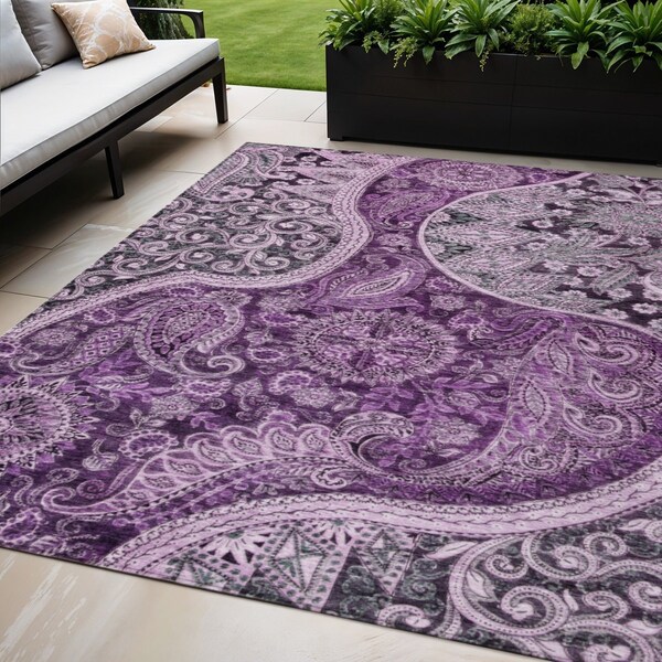 Homeroots 5' X 8' Purple And Charcoal Floral Medallion Washable Indoor Outdoor Area Rug 603192 - main