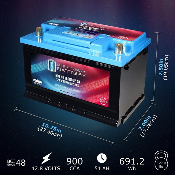 Mighty Max Battery MM-H6LI Lithium Car LiFePO4 12.8V Automotive 900CCA 123 RC 54Ah Group 48 Built-in BMS Battery MAX4174220 - main