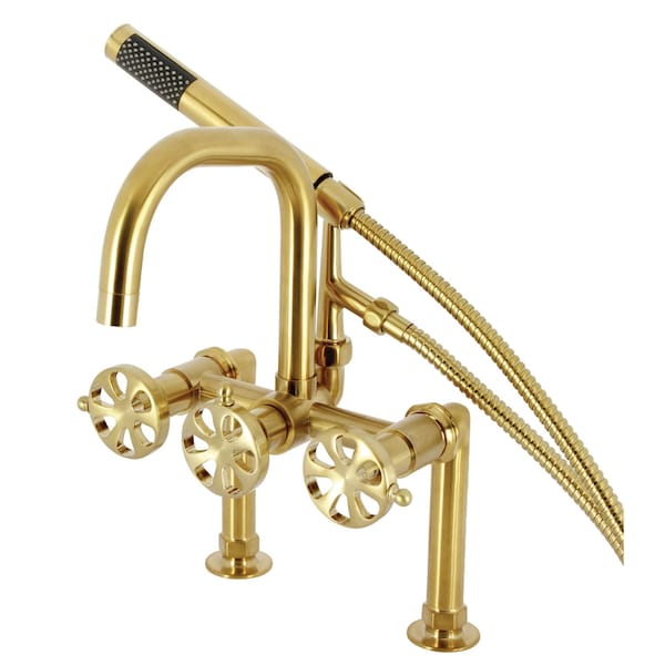 Kingston Brass 7" Center Deck-Mount Clawfoot Tub Faucet with Hand Shower, Brushed Brass AE8407RX - main