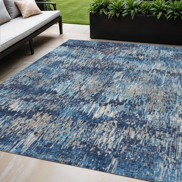 Homeroots 5' X 8' Navy Blue And Denim Blue Striped Washable Indoor Outdoor Area Rug 609559 - main