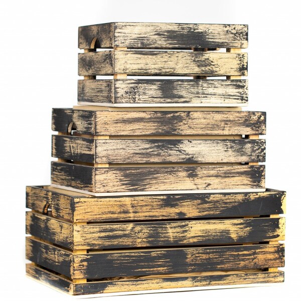 Homeroots Set of Three Organic Black and Natural Distressed Wood Stacking Milk Crates, 3PK 471950 - main
