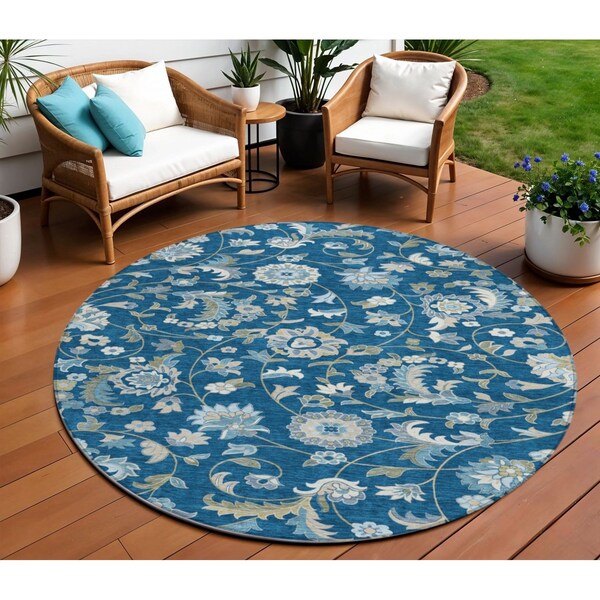 Homeroots 8' Navy Blue Ivory And Gray Round Floral Washable Indoor Outdoor Area Rug 597832 - main