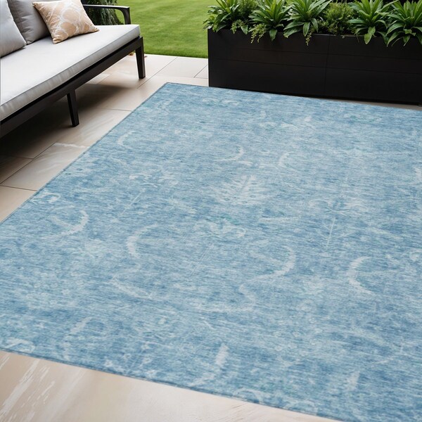 Homeroots 9' X 12' Sky Blue And Ivory Damask Washable Indoor Outdoor Area Rug 603363 - main