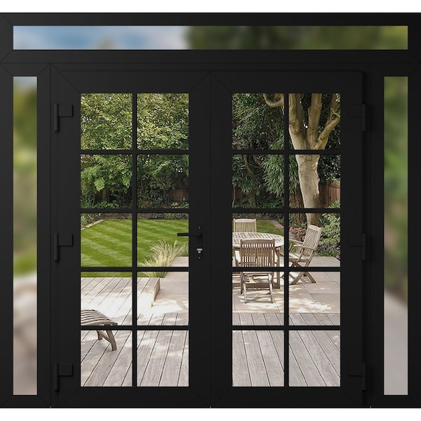 Vdomdoors Front Exterior Prehung Metal-Plastic Double Doors Clear Glass / MANUX 8100 Matte Black / Office Com MANUX8100DEXD-BLK-W14+72+14xH80+14-RH-I - main